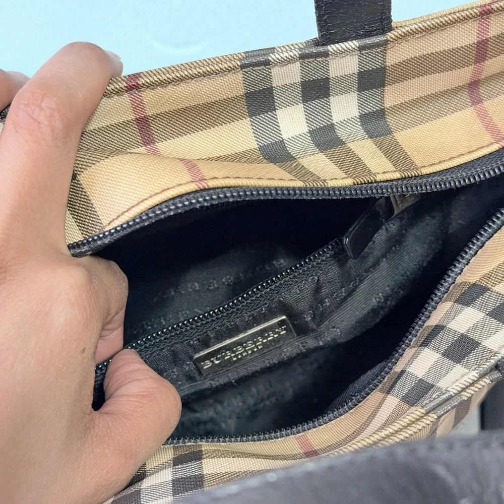 Burberry Nova Check Small Tote Bag‎ Beige Black Leather Handle Zip Italy